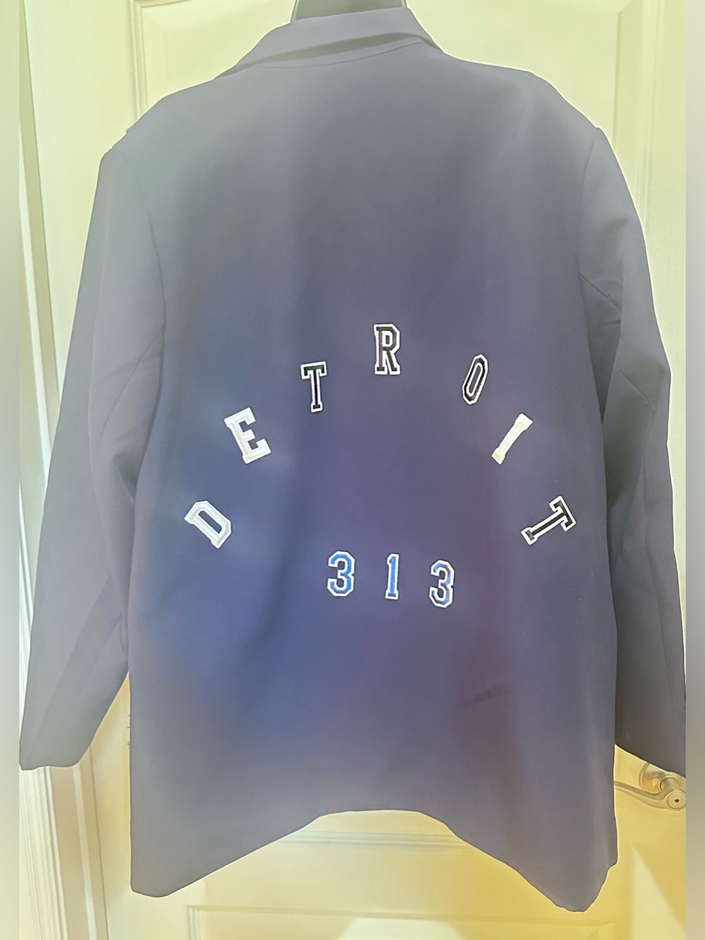 Upcycled Detroit inspired Patchwork Navy Blazer size 16 - Picture 6 of 6